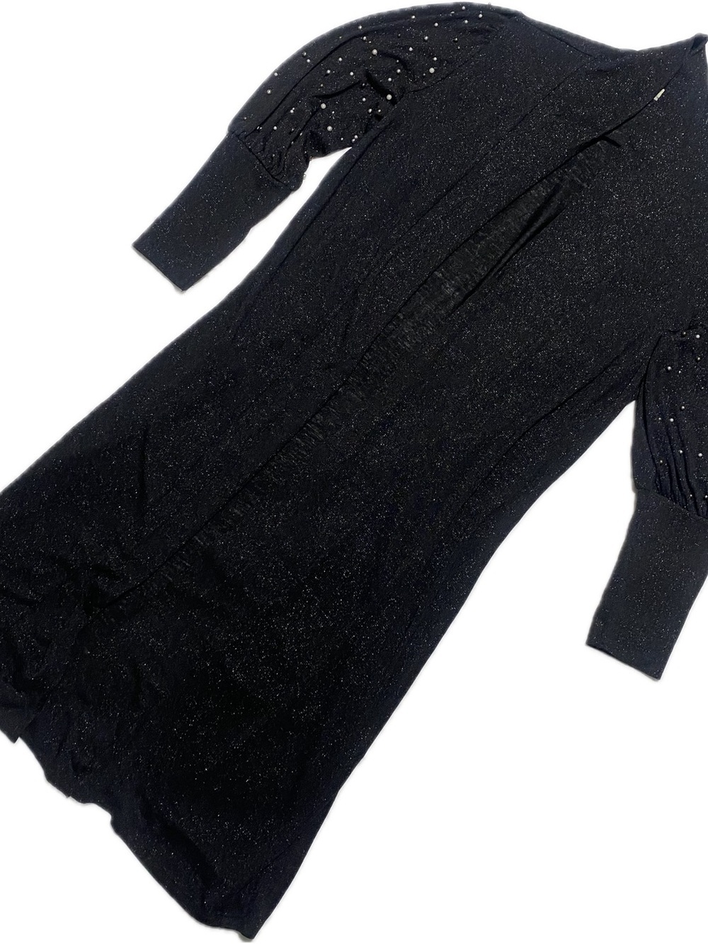 Black V-Neck Sparkle Longline Sweater with Puff Sleeves